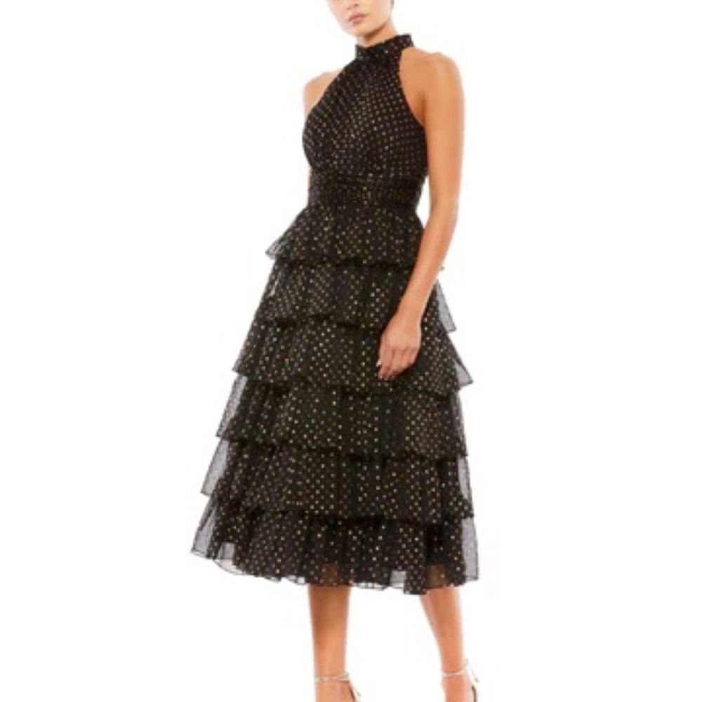 Mac Duggal Ruffled Gold Polka Dot Halter Dress sz 4